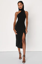 Keep It Interesting Black Asymmetrical Cutout Halter Midi Dress