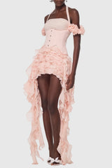 Juricn Halter Corset Ruffle Fringe Mini Dress - Pink