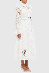 Freya Ruffle Lace-embroidered Belted Midi Dress - White