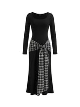 Plaid Knotted Scoop Neckline Long Sleeve Maxi Dress