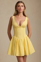 Broderie Anglaise Bow-Detail A-Line Mini Dress in Pastel Yellow