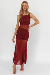Sade Sheer Panel Ruched Maxi Dress Wine