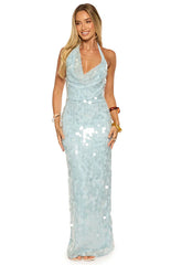Baron Light Blue Sequin Cowl Maxi Dress