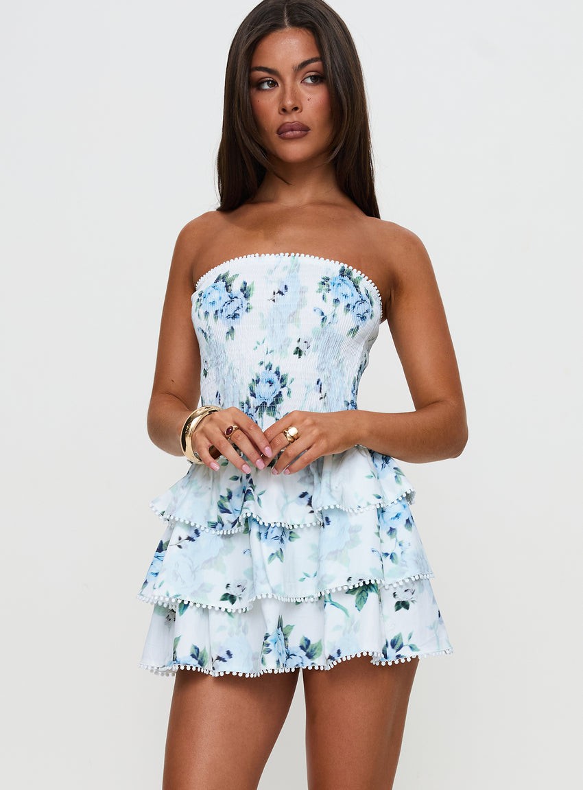 sunkiss frill mini dress white blue blue white short dress Sunkiss Frill Mini Strapless Dress White | Blue |  White | Blue