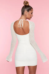 Embellished Long-Sleeve Mini Dress in White