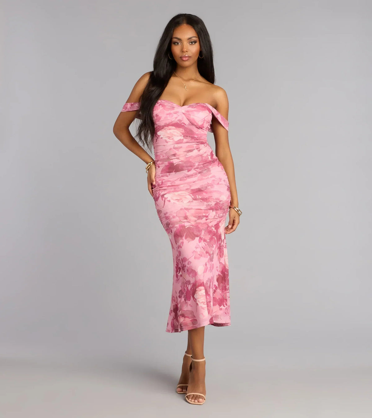 Flirty Agenda Floral Mesh Off-The-Shoulder Midi Dress