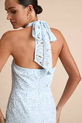 Vaelyn Light Blue Crochet Lace Halter Maxi Dress