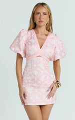 Diana Mini Dress - Jacquard Short Sleeve Cut Out Dress In Light Pink