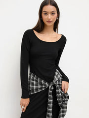 Plaid Knotted Scoop Neckline Long Sleeve Maxi Dress
