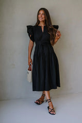 Luna Ruffle Poplin Midi Dress-Black