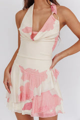 Sumi Cowl Ruffle Mini Dress Floral Blush