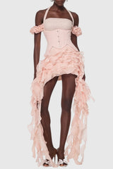 Juricn Halter Corset Ruffle Fringe Mini Dress - Pink