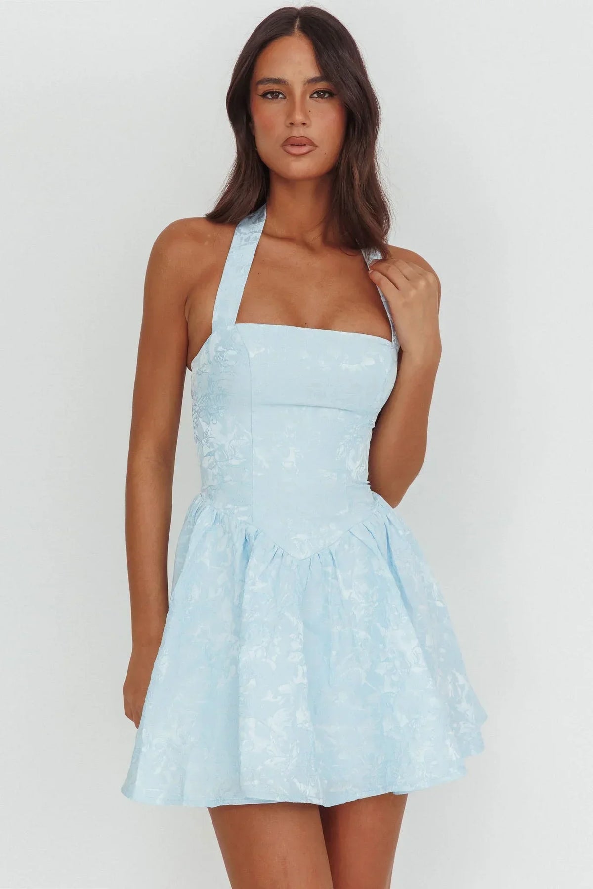 Serrah Halter Mini Dress Jacquard Blue