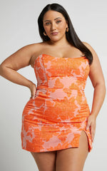 Brailey Mini Dress - Strapless Dress in Orange Jacquard