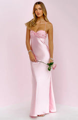Chilli Pink Beaded Bust Satin Maxi Dress