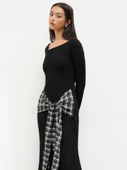 Plaid Knotted Scoop Neckline Long Sleeve Maxi Dress