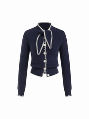 Knit Stand Collar Bowknot Contrasting Binding Long Sleeve Cardigan