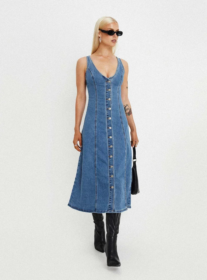 Midler Denim Midi Dress Mid Blue
