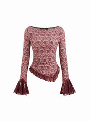 Floral Boat Neck Lace Trim Asymmetrical Hem Bell Sleeve Ruched Top