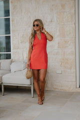 Striped Linen Halter Dress-Coral Red
